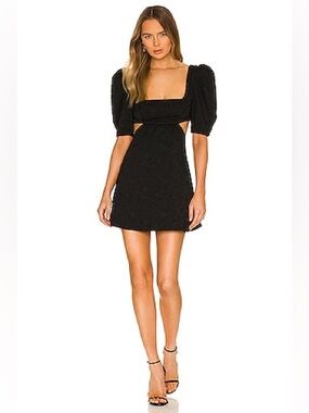 Majorelle Tillie Square Neck Puff Sleeves Black Jacquard Mini Dress with Cutouts